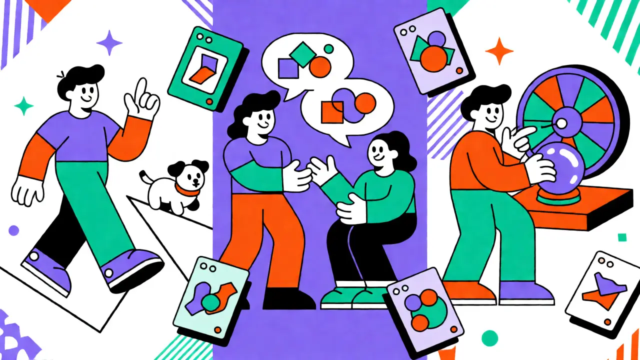 Concept Memphis des trois piliers Move, Socialize et Play to Earn avec NFT dynamiques