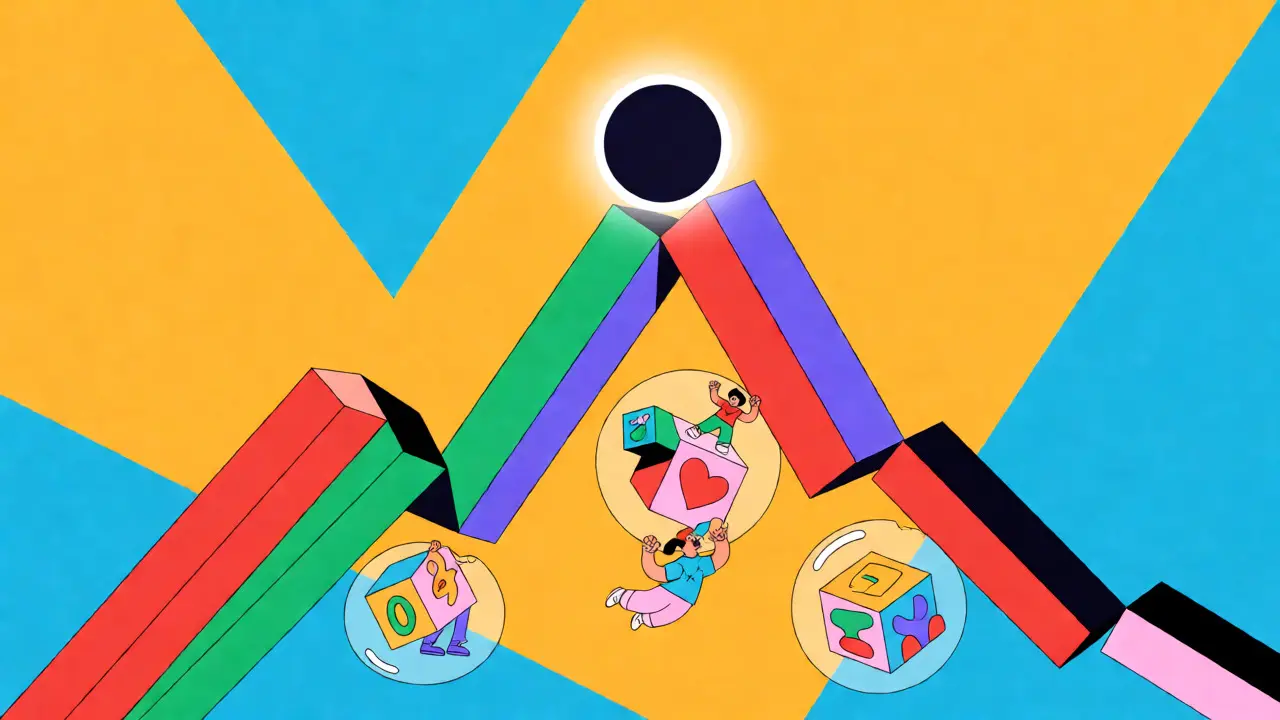 Graphique volatil avec éclipse et icônes de santé et finance en style Memphis