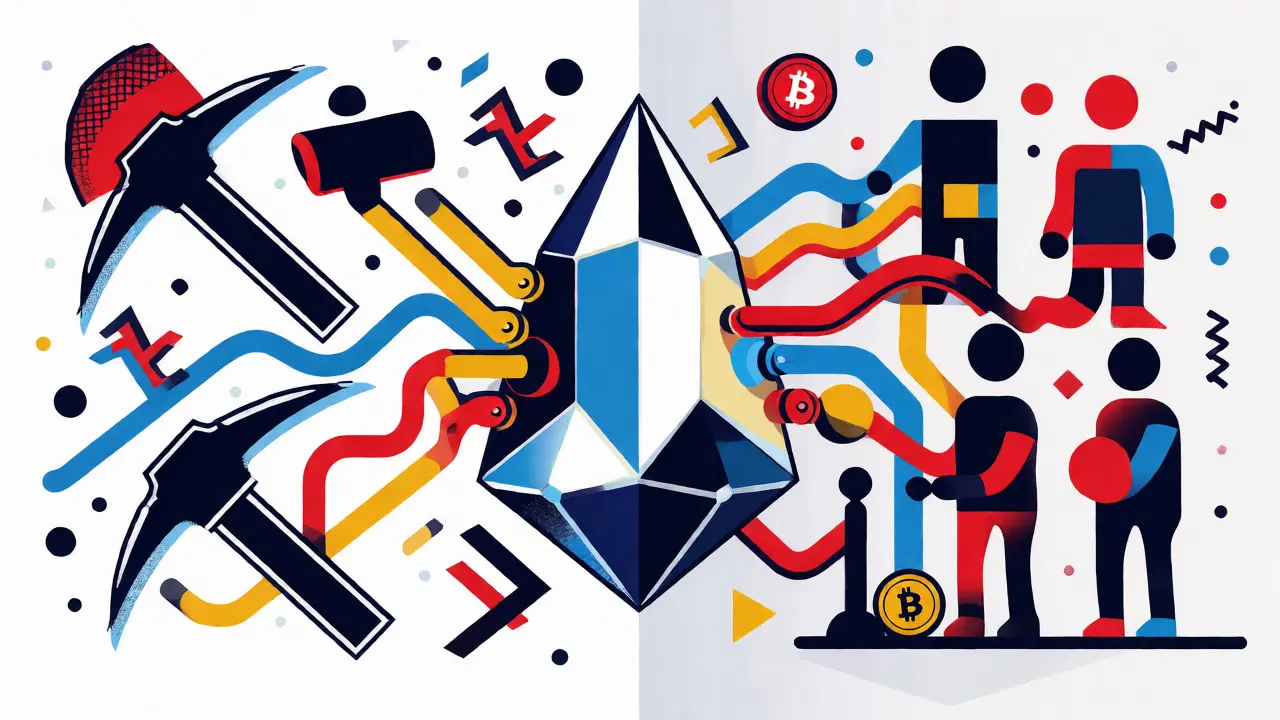 Illustration du consensus Satoshi Plus combinant minage et staking avec des formes géométriques colorées.