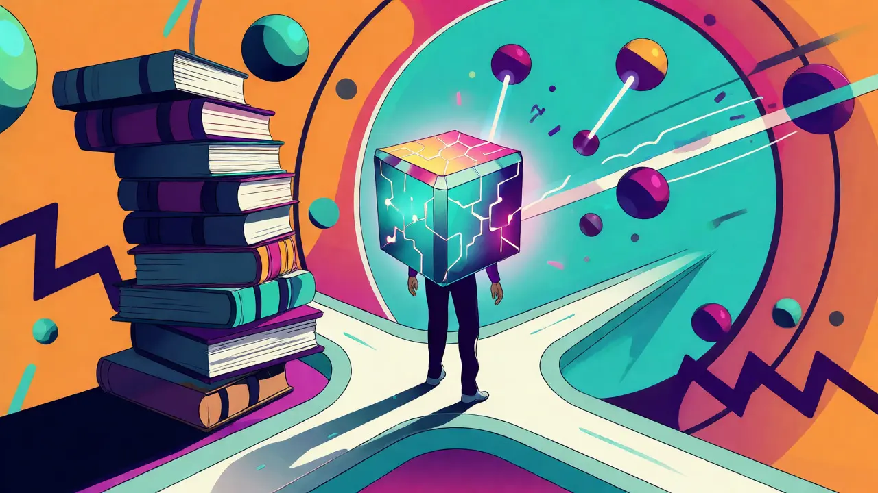 Nœud blockchain entre une pile de livres rigides et des formes abstraites flexibles.
