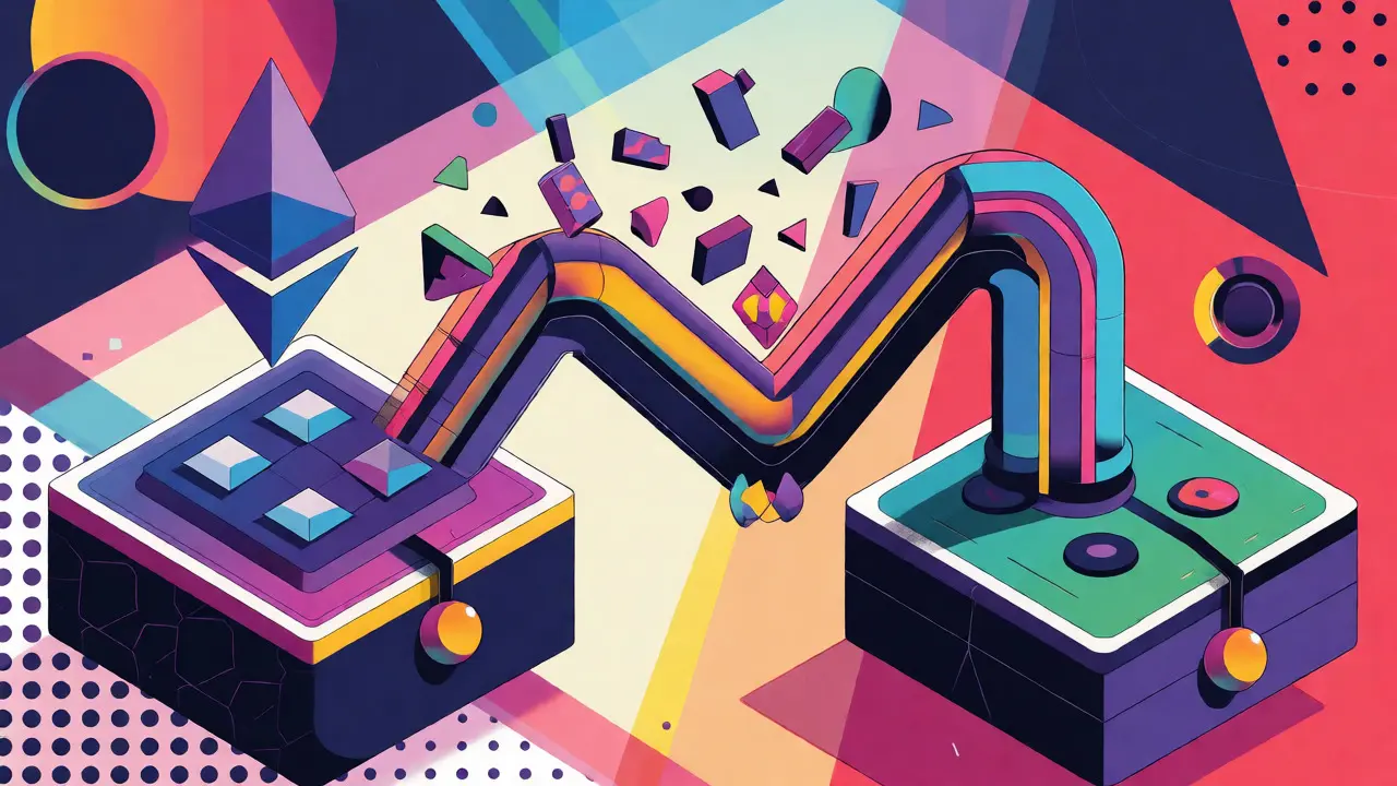Représentation artistique Memphis du pont entre deux chaînes blockchain reliant des actifs fractionnés par des tubes colorés.