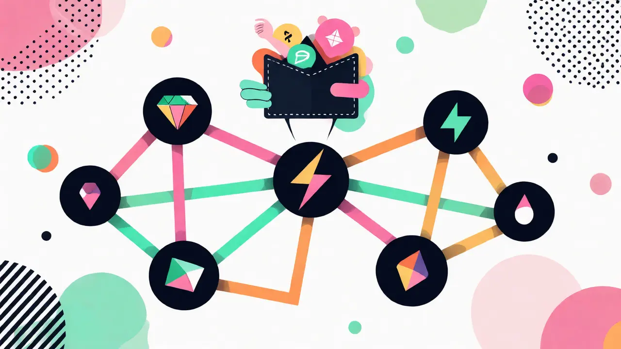 Réseau de blockchains interconnectées avec comptes liés aux jetons