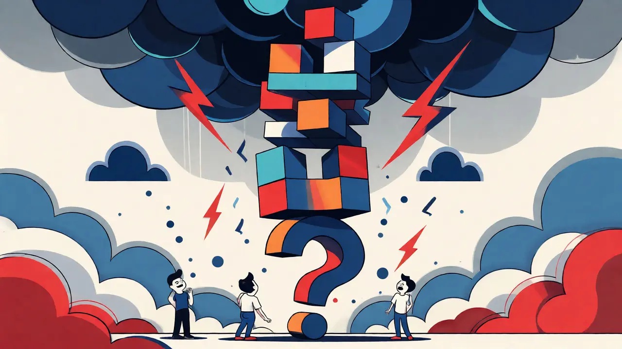 Tour instable de blocs géométriques sous une tempête symbolisant le risque