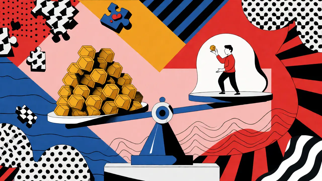 Art Memphis abstrait montrant l'équilibre précaire entre offre de tokens et faible adoption