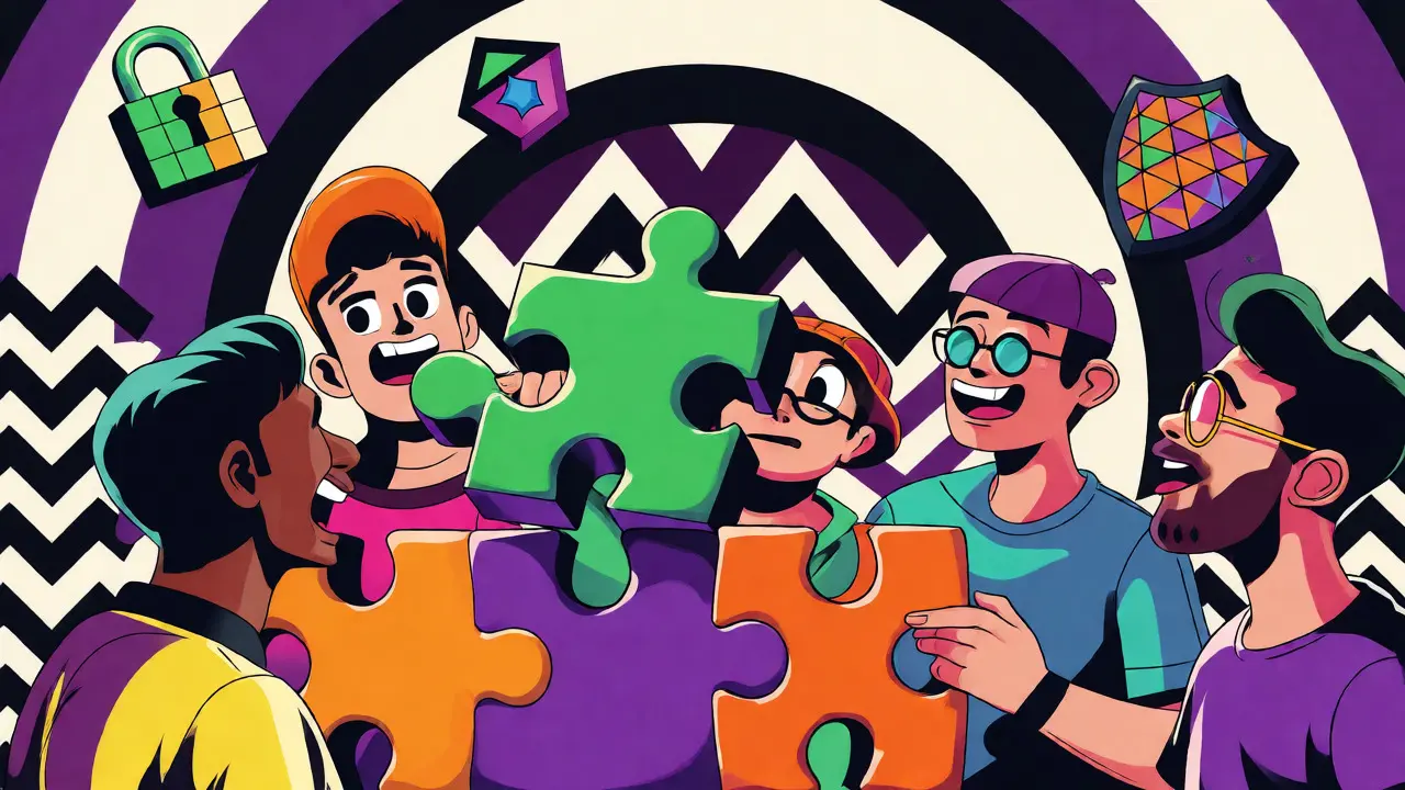 Personnages cartoon assemblant un puzzle géant pour illustrer le consensus blockchain.