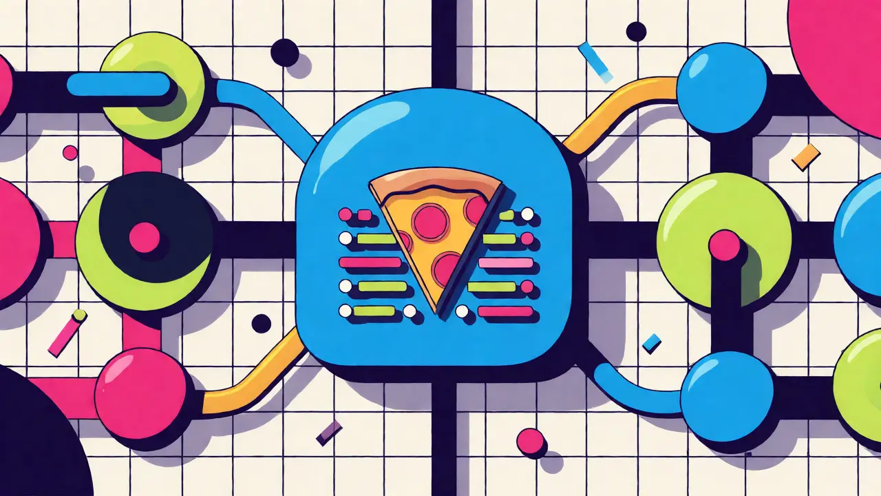 Représentation abstraite du jeton PIZZA sur la blockchain Bitcoin avec des formes géométriques vives.