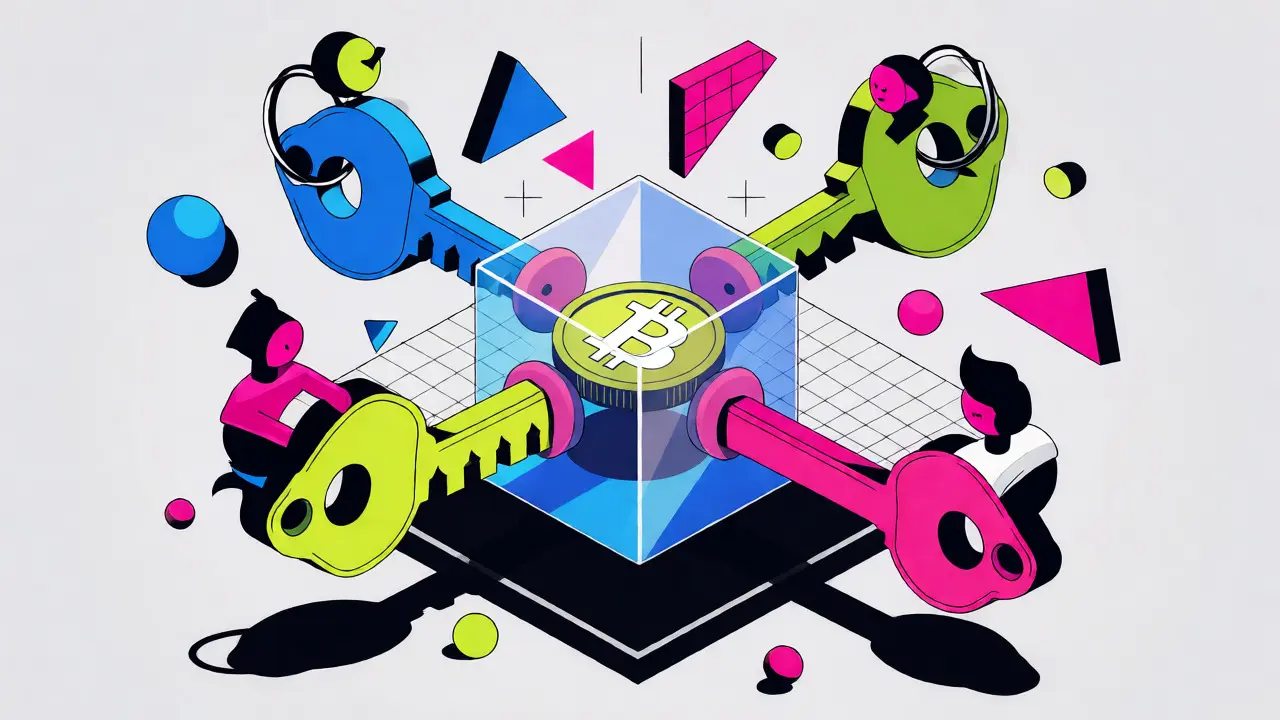 Schéma cartoon du mécanisme d'escrow multisigature avec trois clés et un Bitcoin.