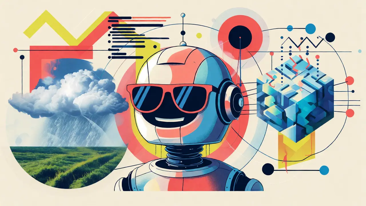 Visualisation abstraite d'un oracle reliant les données météo à un bloc de blockchain.