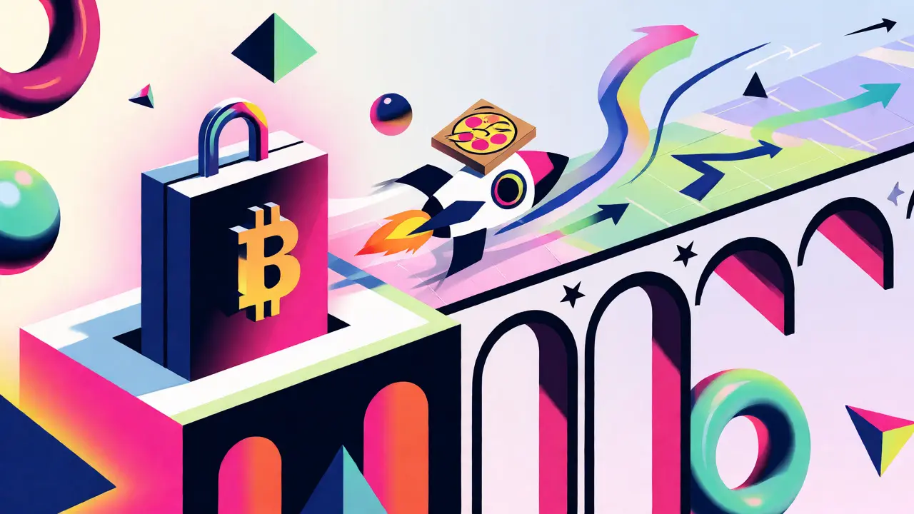 Visualisation du pont entre Bitcoin et Fractal Bitcoin pour l'écosystème PIZZA dans un style Memphis.
